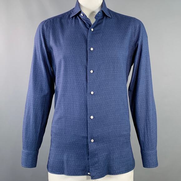 ISAIA Size L Navy Black Houndstooth Cotton Spread Collar Long Sleeve Shirt - Picture 1 of 7